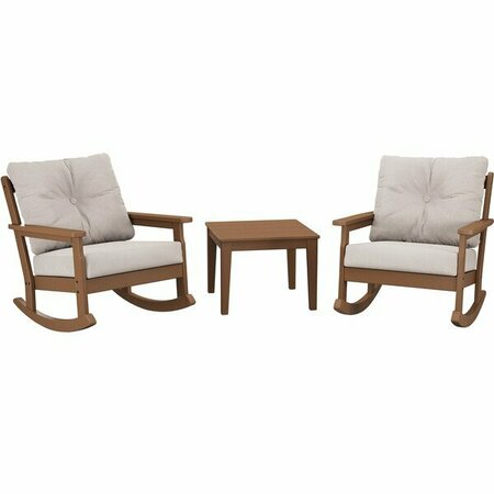 POLYWOOD Teak/Dune Burlap Patio Rocking Chair Set with Newport Table and Vineyard Chairs. 633PWS62TE59